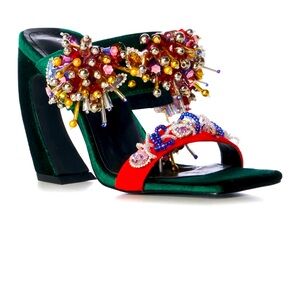 Azalea Wang GREENBERRY Green Embellished Velvet Slide Sandals Size 8